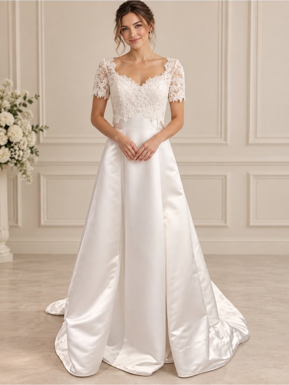 Vintage Ivory Lace Bodice Satin A-Line Wedding Gown